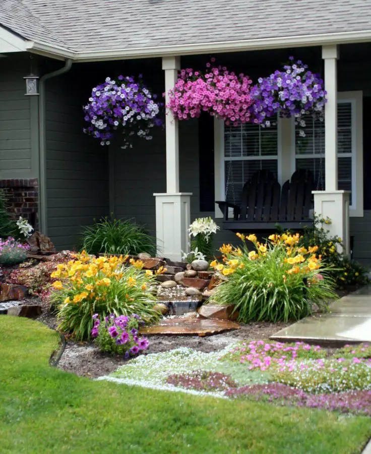 Hanging Colorful Petunias with Mini Waterfall