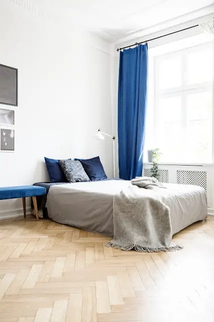 Floor-to-Ceiling Curtain - Gray and Navy Bedroom