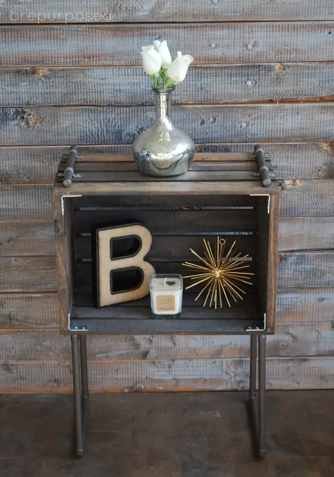 Industrial Pipe and Wood Crate End Table