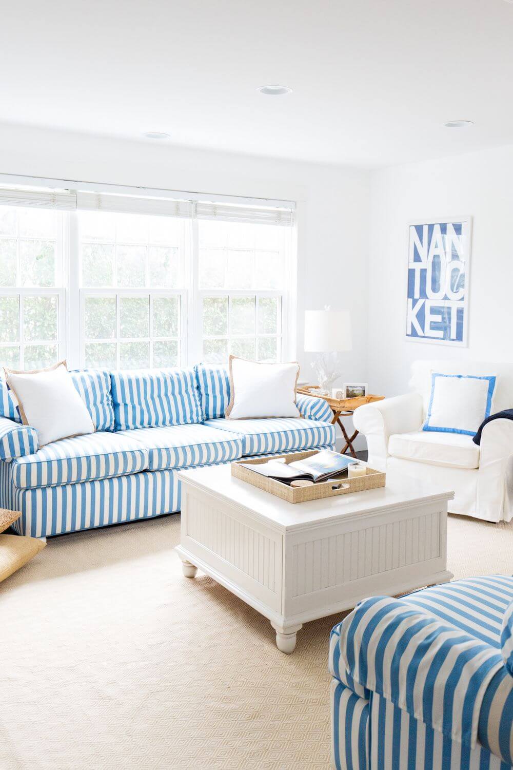 Coastal Living Room with Blue and White Striped Sofa