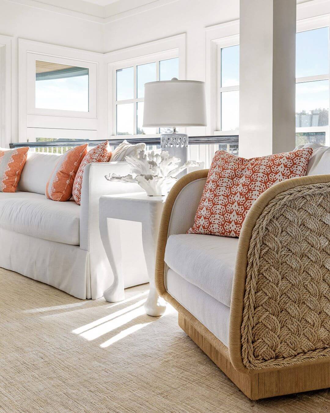 Coastal Living Room with Coral Throw Pillows