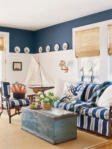 Coastal Living Room with Large Sailboat Replica in Capecod