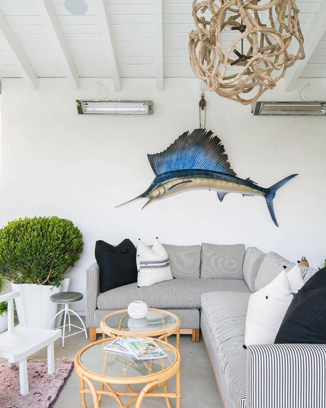 Coastal Living Room with Marlin Fish Wall Decor