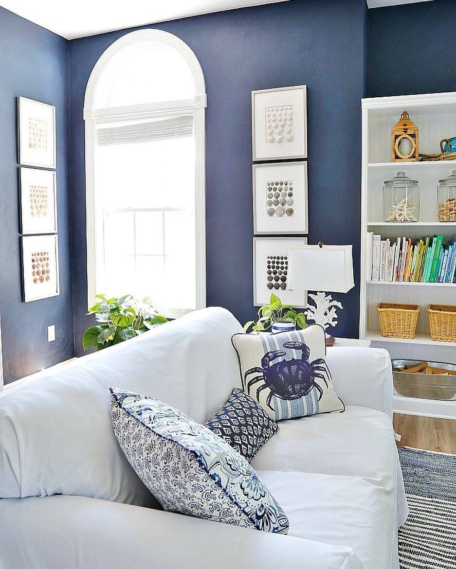 Coastal Living Room with Navy Blue Walls