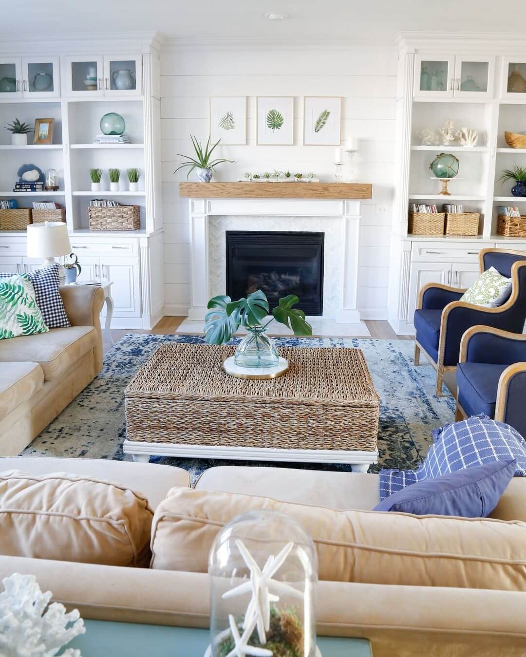 Coastal Living Room with Palm Centerpiece Decor