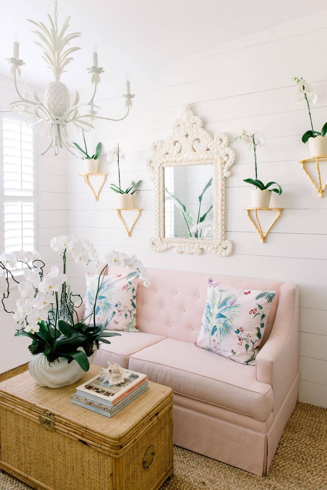 Coastal Living Room with Pineapple Chandelier