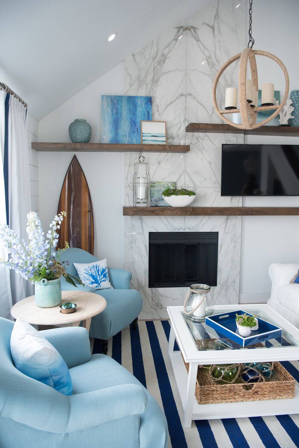 Coastal Living Room with Rope Chandelier