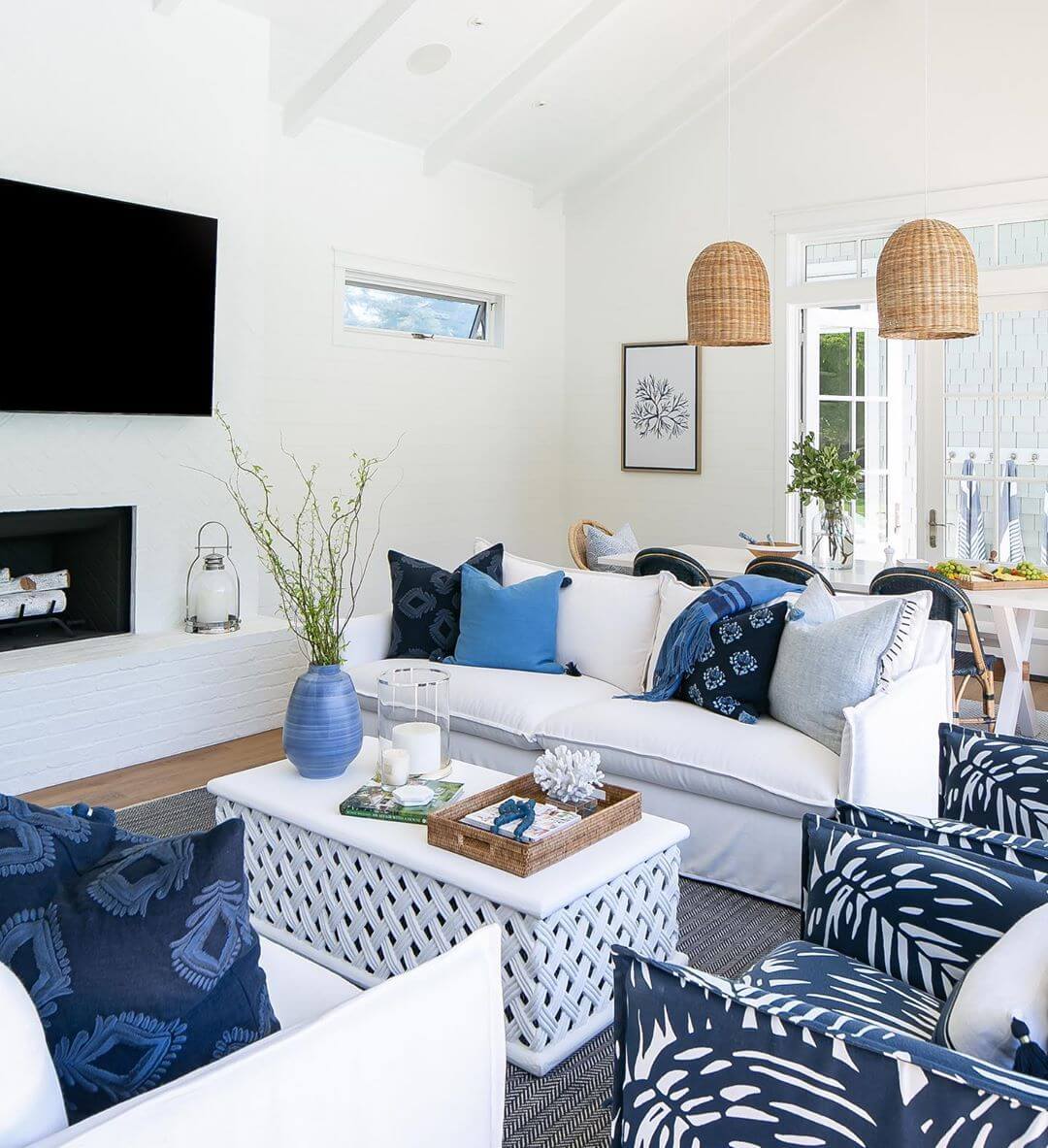 Coastal Living Room with Tropical Print Accent Chairs