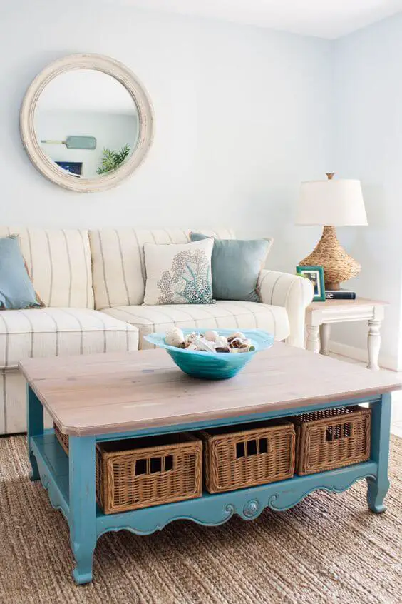 Coastal Living Room with Turquoise Coffee Table