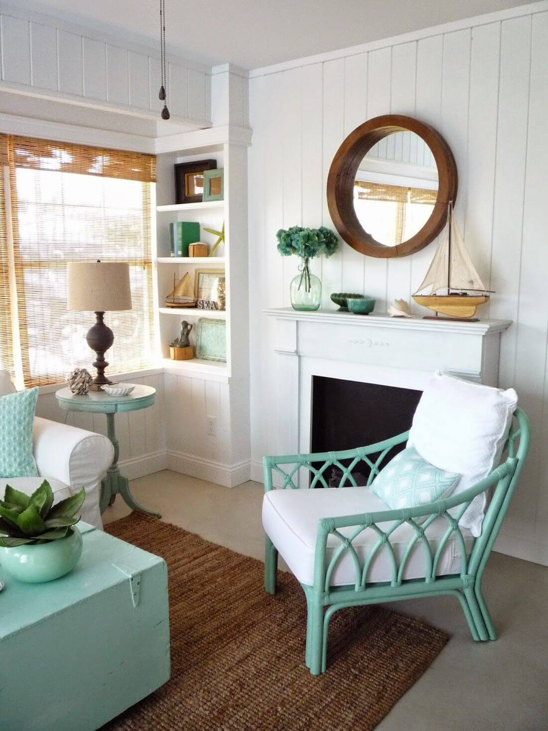 Coastal Living Room with Vintage Rattan Chairs painted in Krylon Catalina Mist