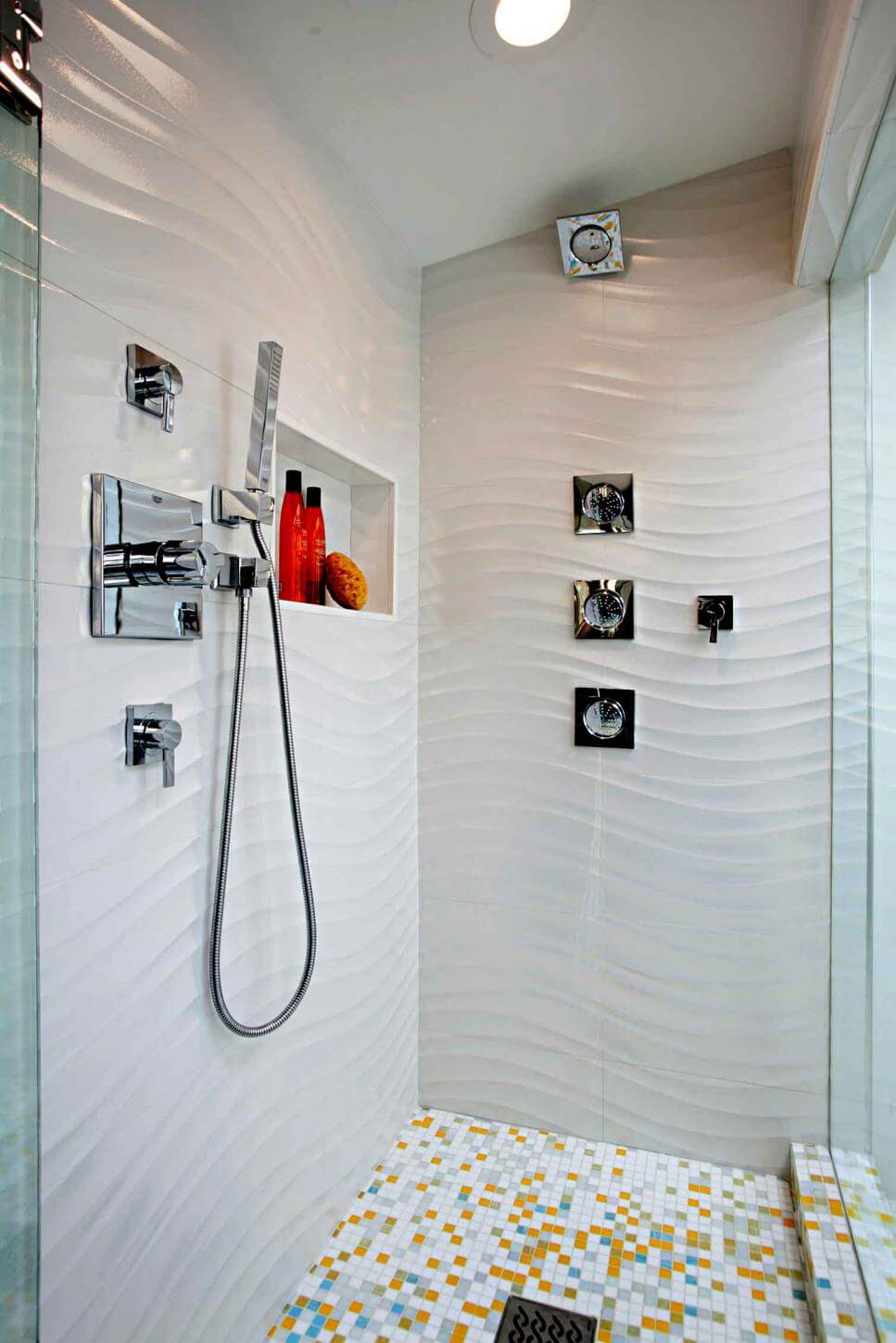 Refreshing Palm Textured Wall with Cheerful Tiling - shower tile ideas