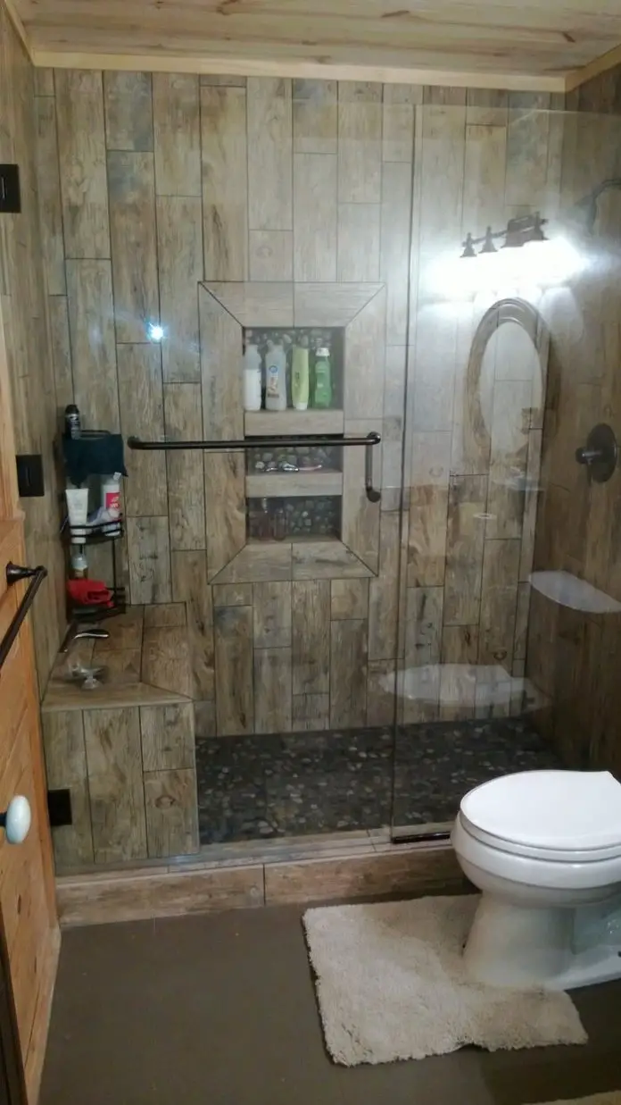 Full Wooden Tiling with Pebble Floor - DIY-Pebble-Shower-Floor