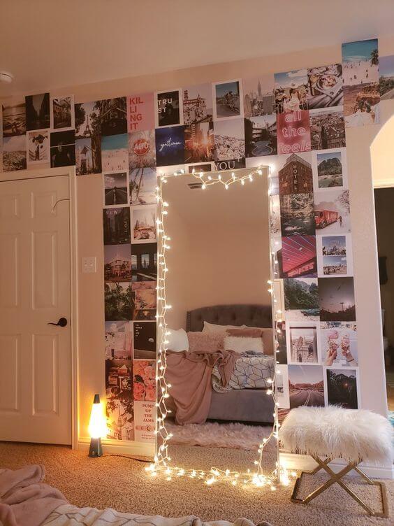 Leaning Mirror with Warm White String Lights