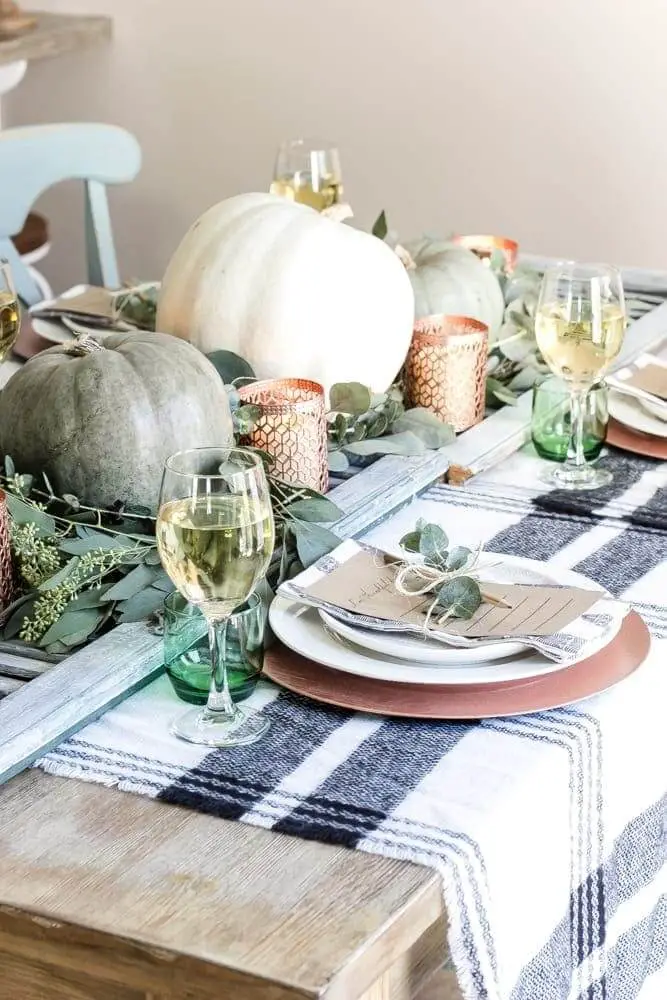 Contrast greens with plaids - Green-Copper-Thanksgiving-Tablescape