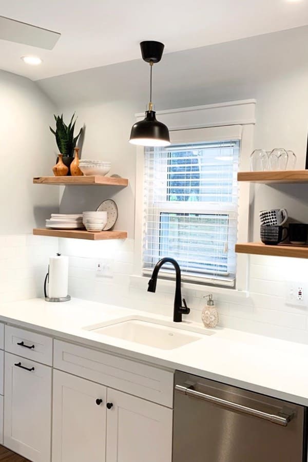 white kitchen floating shelves