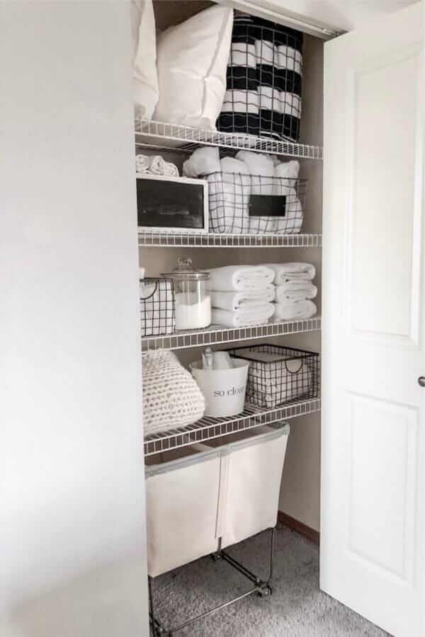 Black & White Linen Closet Storage laundry closet organization 