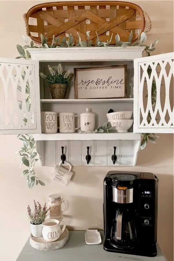Petite Yet Charming Coffee Cabinet -- coffee-bar-with-farmhouse-signs