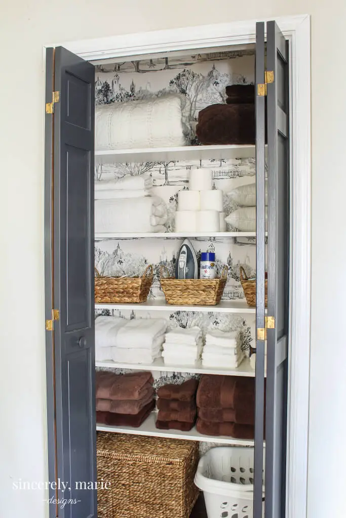 Linen Closet Storage With Wallpaper