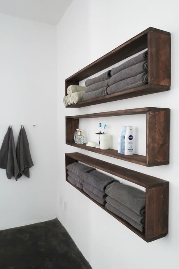 DIY Floating Box Shelves dark wood bathroom shelves