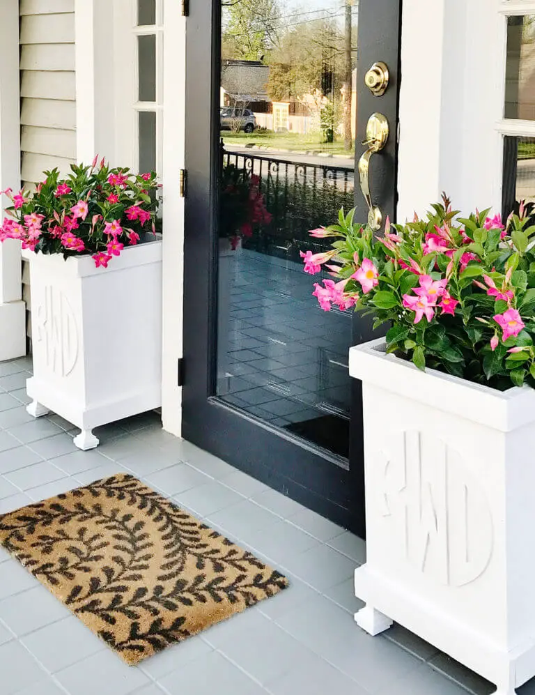 wood diy monogram planter boxes with pink flowers and black door