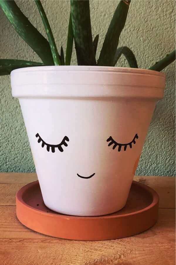 Sleepy Face Painted Clay Pot