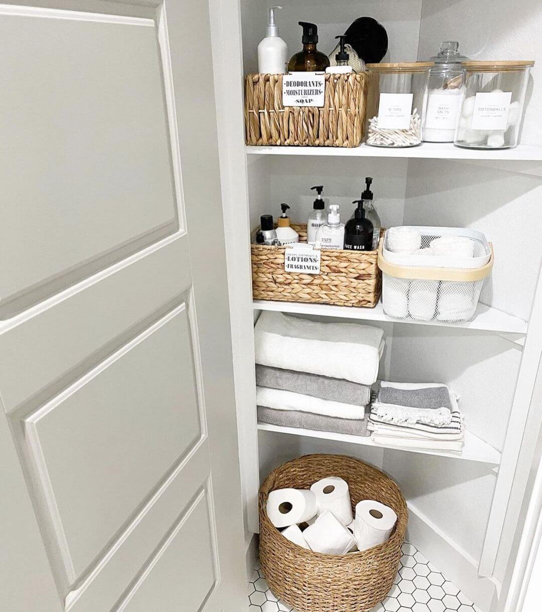 Corner Linen Closet in a Small Bathroom