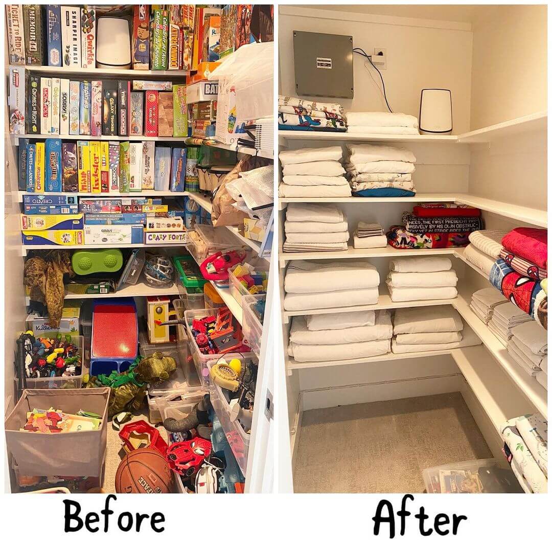 before and after linen closet organization