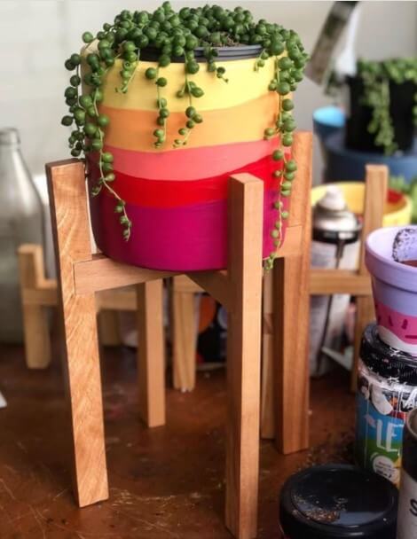 Painted Planter With Wooden Stand