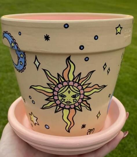  Painted Flower Pot With Moon & Sun