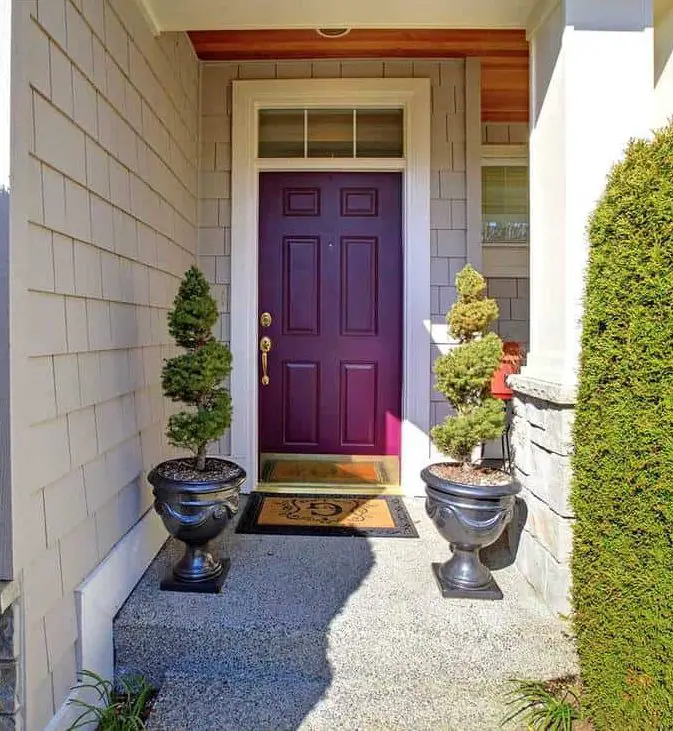 Front door in purple plum color with nice landscape