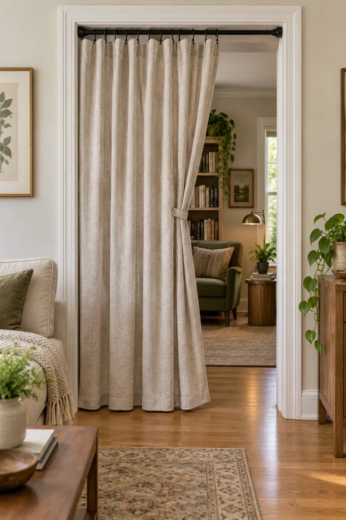 No-drill tension rod with a full-length oatmeal curtain covering an interior doorway between a living room and reading nook.