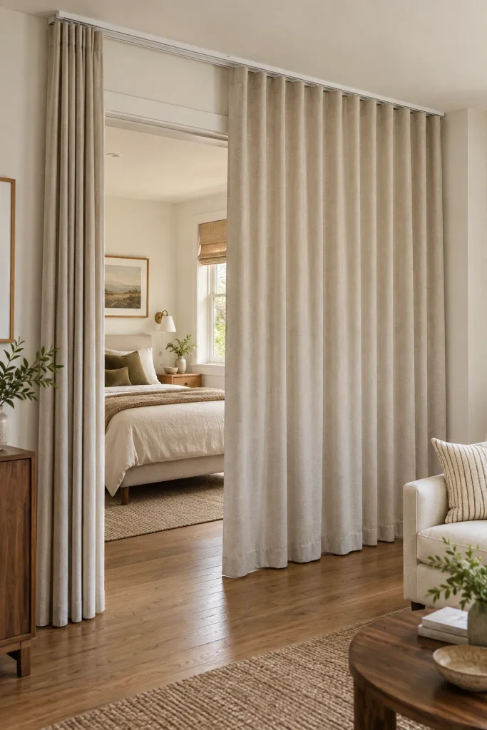Floor-to-ceiling beige curtains on a ceiling-mounted track partially covering a wide bedroom doorway.