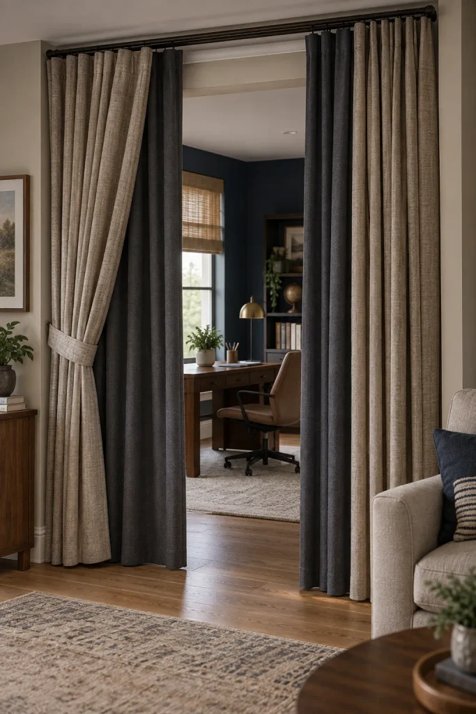 Double-layer taupe and charcoal curtains covering a home office doorway for added privacy and sound reduction.