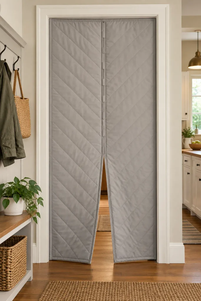 Gray quilted magnetic curtain with a center opening installed inside a mudroom doorway.