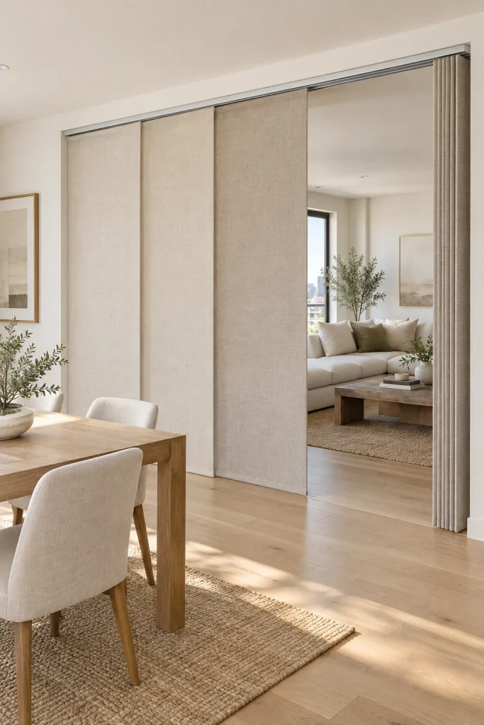 Flat beige fabric panels sliding along a ceiling track across a wide opening between a dining and living room.