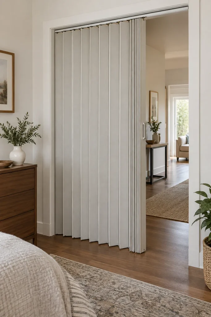 Retractable accordion partition partially closed across a wide interior doorway in a neutral bedroom.