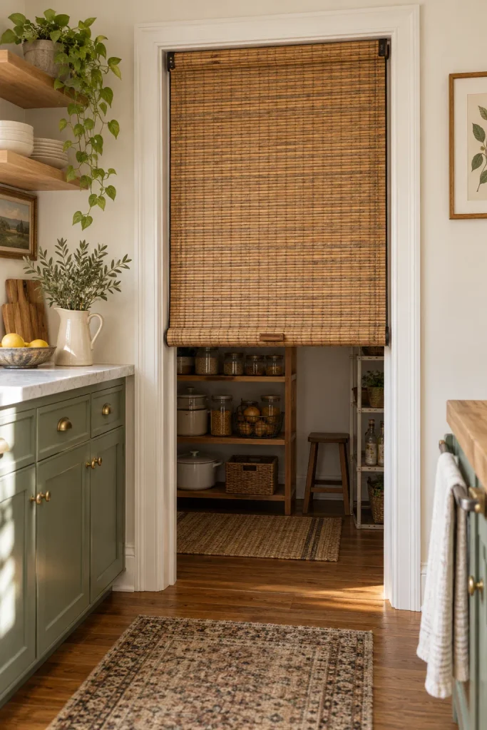 Natural woven bamboo shade lowered over a pantry doorway in a warm cottage-style kitchen.