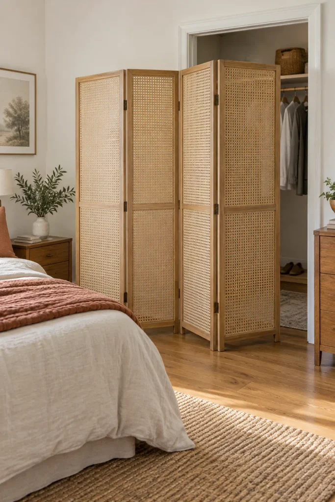 Four-panel cane and rattan folding screen positioned in front of an open bedroom closet doorway.