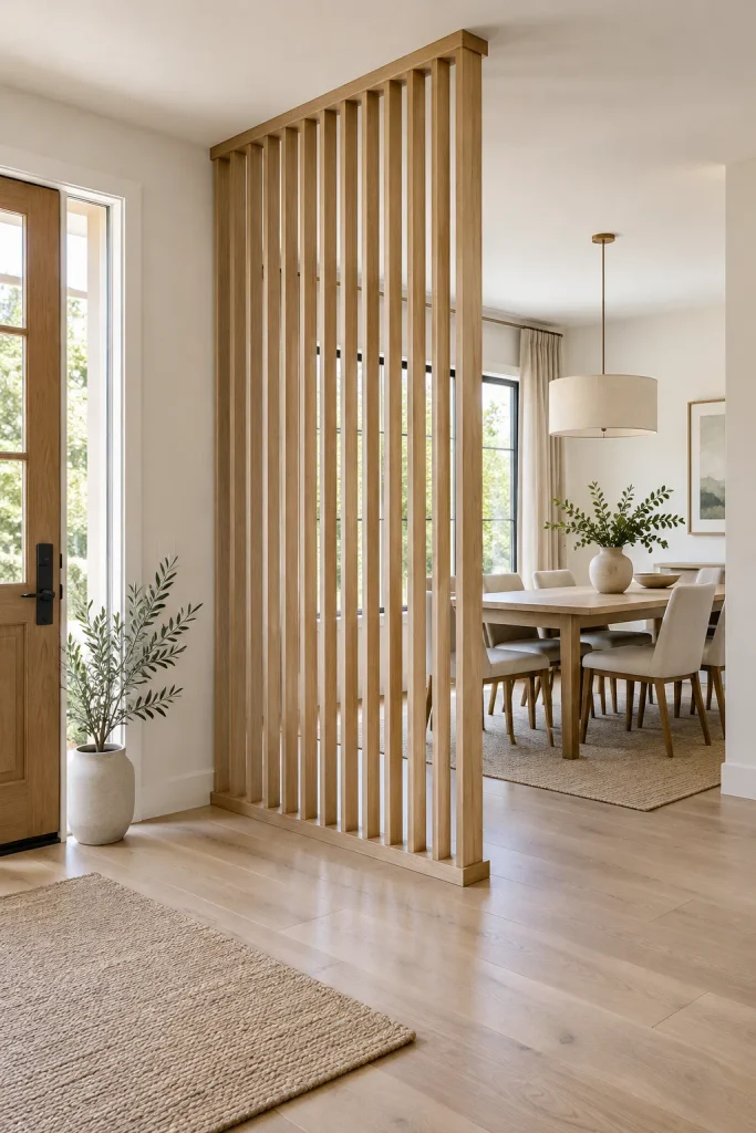 Vertical oak slat divider defining the open passage between an entryway and dining room.