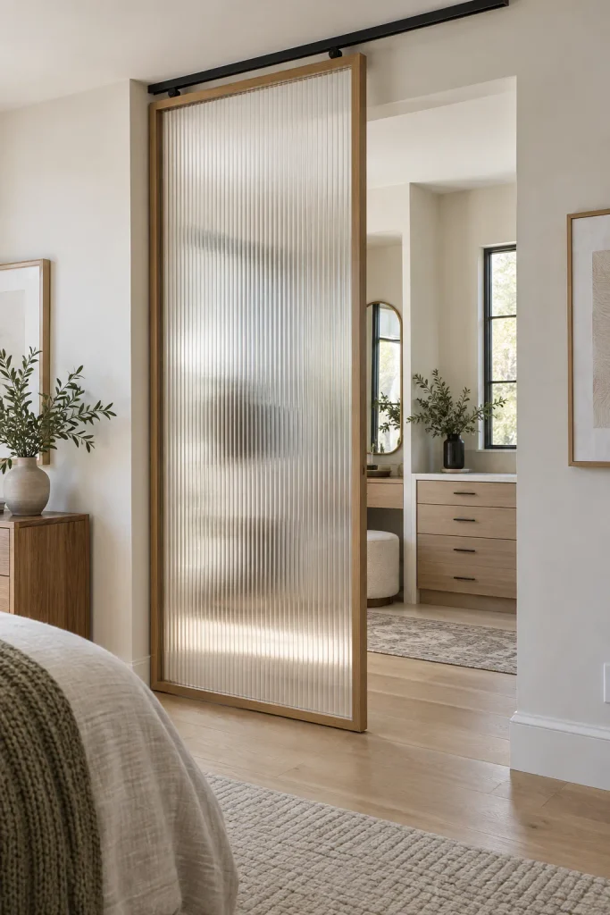 Translucent reeded acrylic panel in a wood frame partially covering a dressing-area doorway.