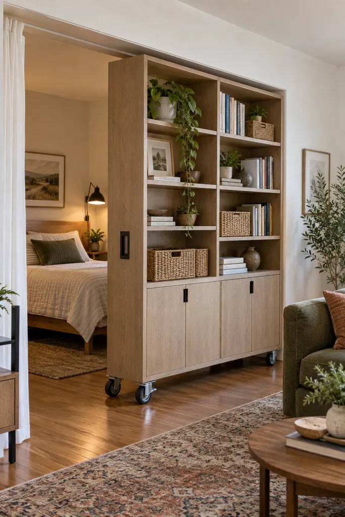 Tall bookcase and storage divider on locking casters partially concealing a bedroom opening.
