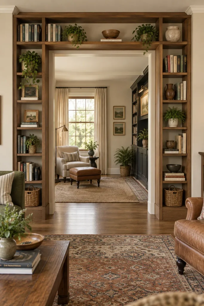 Built-in wood bookcases framing an open doorway leading to a cozy reading room.