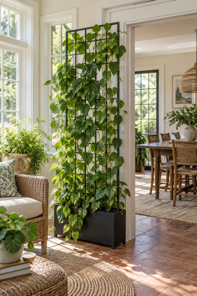 Indoor trellis planter covered with climbing green plants beside an open dining room doorway.