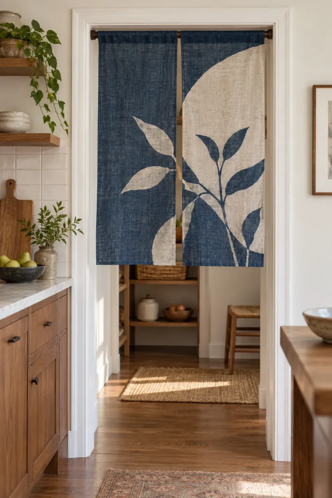 Indigo and natural linen noren panels hanging across a pantry doorway in a warm kitchen.