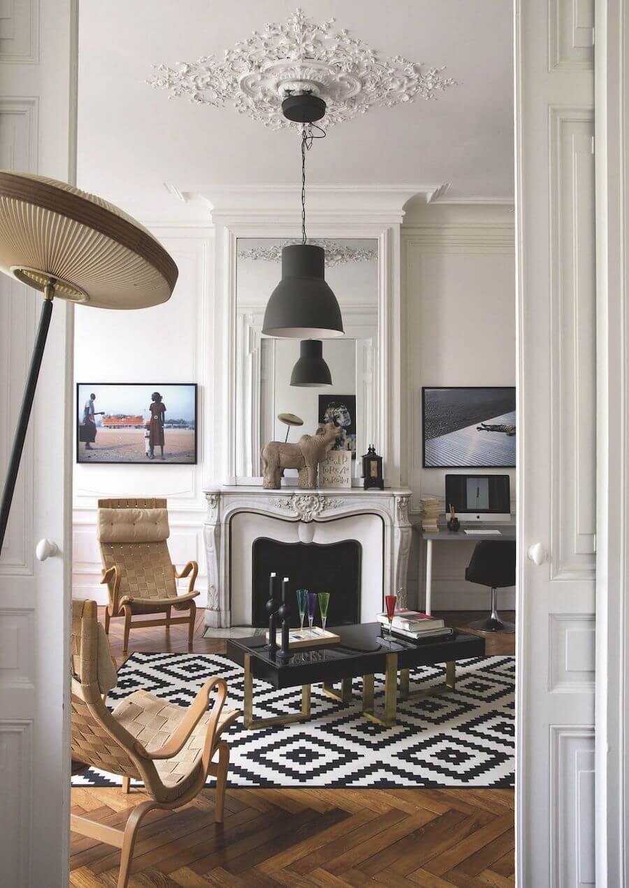 Parisian living room with modern black pendant light