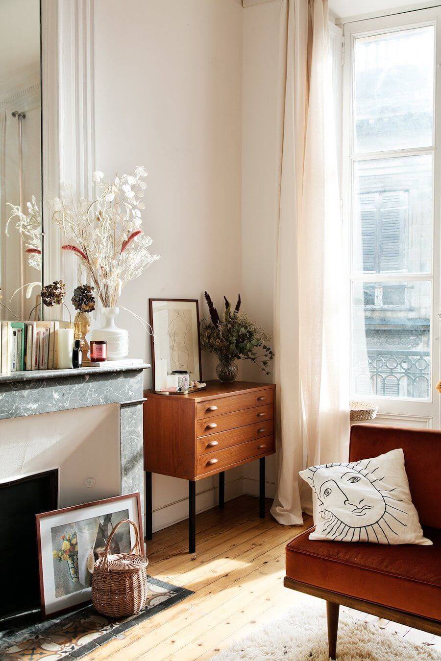 Parisian living room with mid century cabinet storage