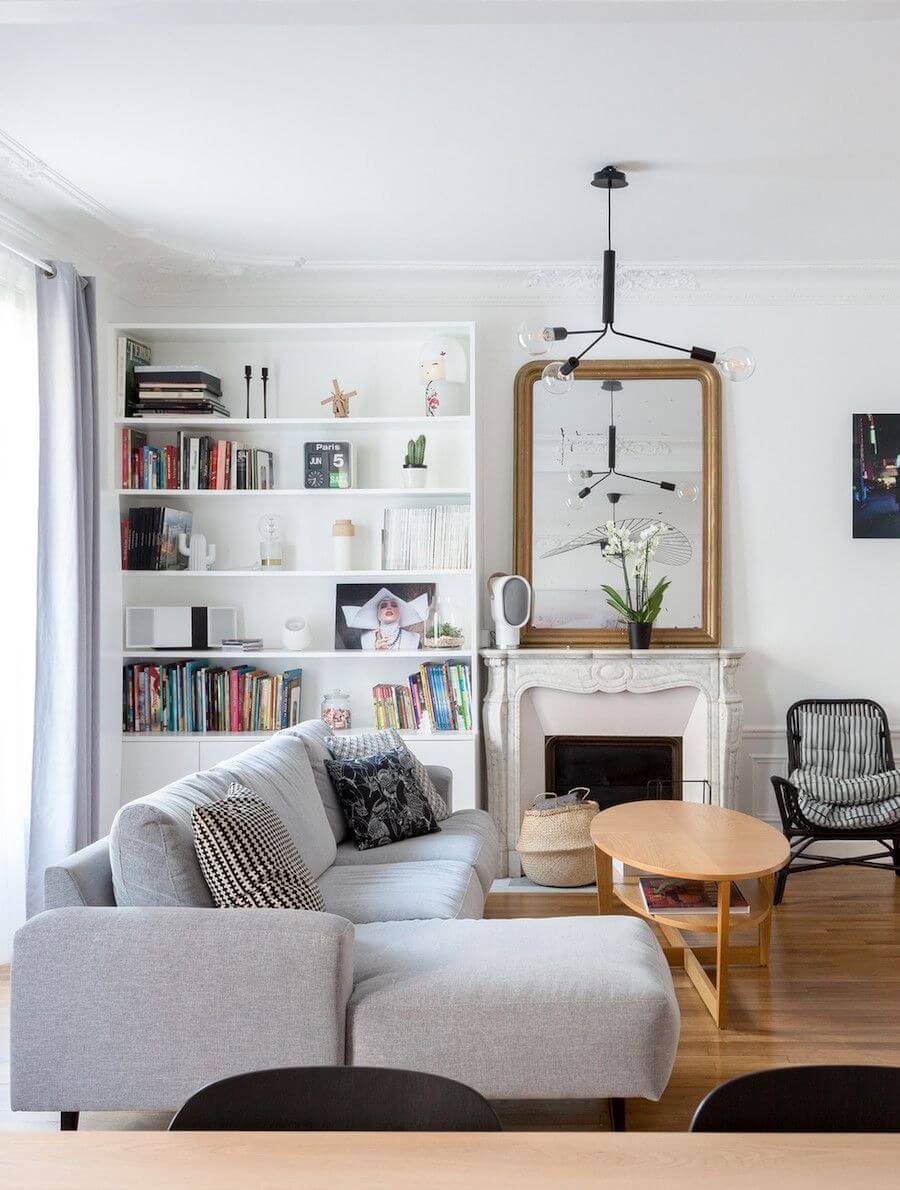 Parisian living room with gray sectional sofa