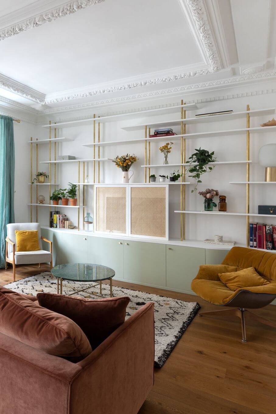 Parisian-living-room-mid-century-modern-with-burgundy-sofa