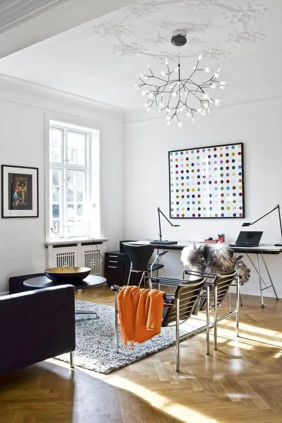 Mid Century Modern Living Room with Black Leather Furniture