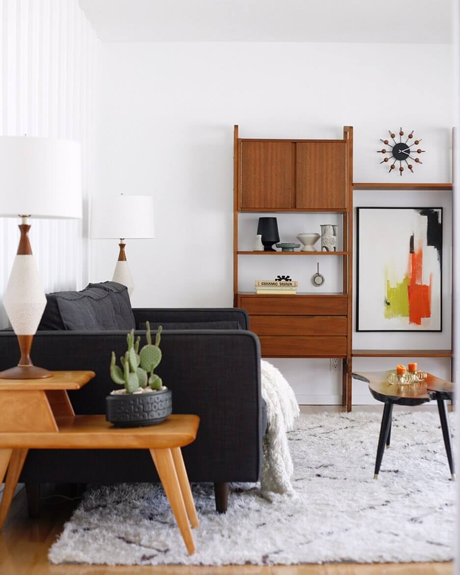 Mid Century Modern Living Room with Black Sofa